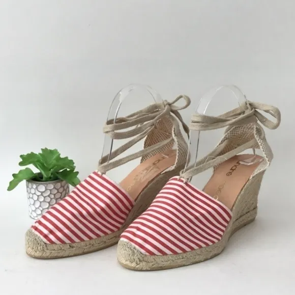 Andre Assous Striped Wedge Lace Up Espadrille Red White Size 10 New