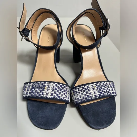 ANN TAYLOR blue suede ankle strap block heal. Tweed textile sz 8