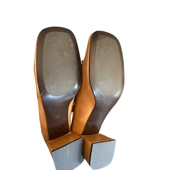 Anthropologie Bibi Lou Valencia Block Heel Loafers Camel Patent Leather 39 US 9