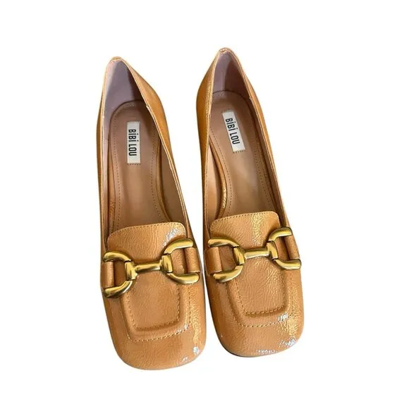 Anthropologie Bibi Lou Valencia Block Heel Loafers Camel Patent Leather 39 US 9