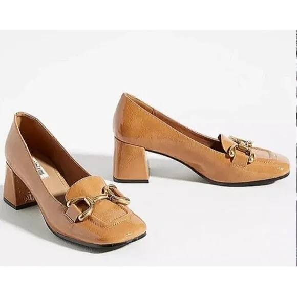 Anthropologie Bibi Lou Valencia Block Heel Loafers Camel Patent Leather 39 US 9