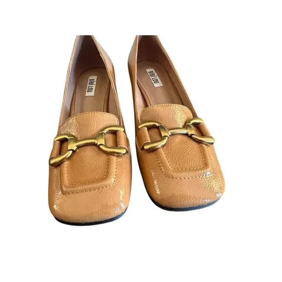 Anthropologie Bibi Lou Valencia Block Heel Loafers Camel Patent Leather 39 US 9