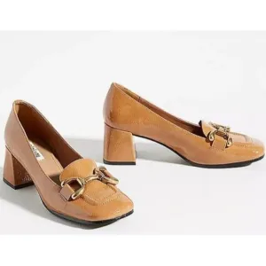 Anthropologie Bibi Lou Valencia Block Heel Loafers Camel Patent Leather 39 US 9