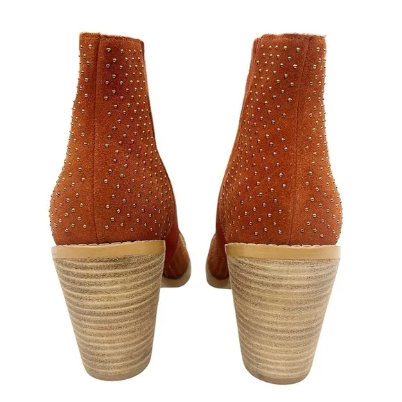 Anthropologie Faux Suede Gold Studded Stack Heel Pull On Boots Rust Orange 6.5