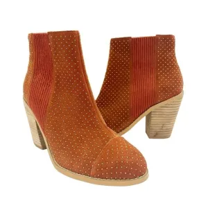 Anthropologie Faux Suede Gold Studded Stack Heel Pull On Boots Rust Orange 6.5
