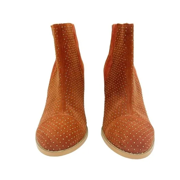 Anthropologie Faux Suede Gold Studded Stack Heel Pull On Boots Rust Orange 6.5