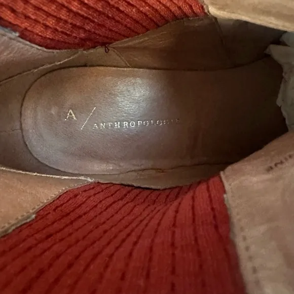 Anthropologie Faux Suede Gold Studded Stack Heel Pull On Boots Rust Orange 6.5