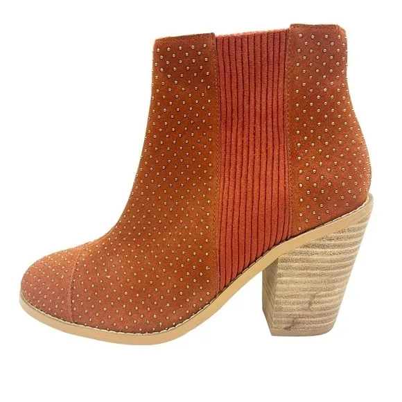 Anthropologie Faux Suede Gold Studded Stack Heel Pull On Boots Rust Orange 6.5