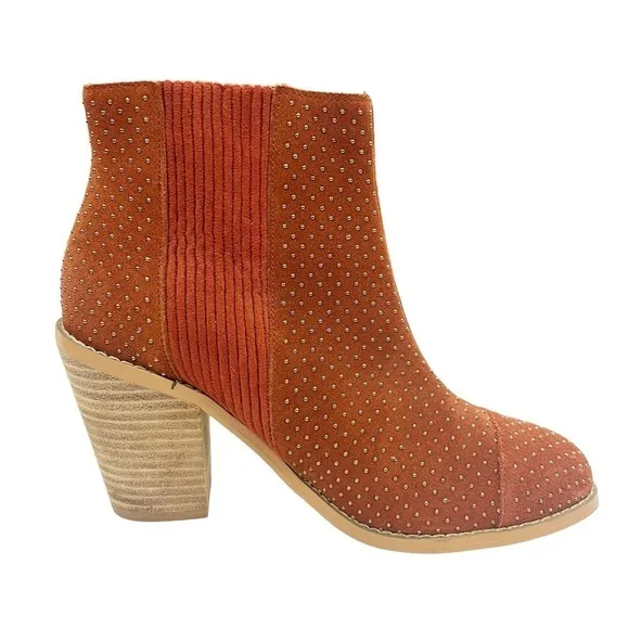 Anthropologie Faux Suede Gold Studded Stack Heel Pull On Boots Rust Orange 6.5