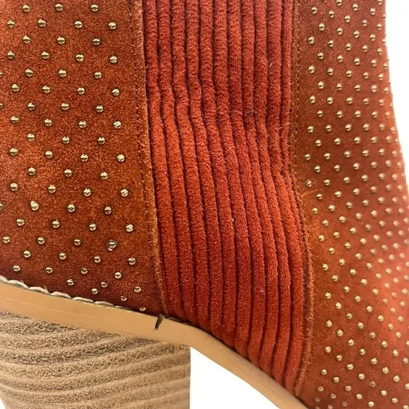 Anthropologie Faux Suede Gold Studded Stack Heel Pull On Boots Rust Orange 6.5