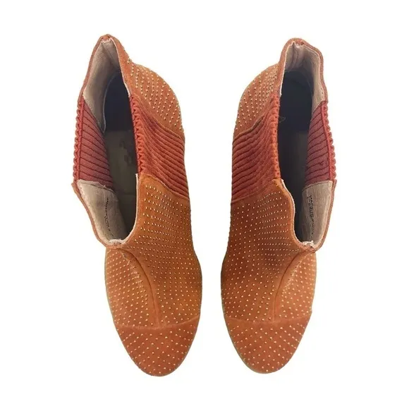 Anthropologie Faux Suede Gold Studded Stack Heel Pull On Boots Rust Orange 6.5
