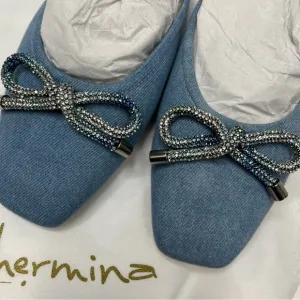 Anthropologie Guillermina Blue Denim Bow Flats NIB