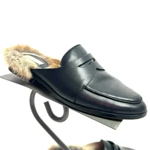 Anthropologie Louis et Cie Black Leather Fur Lined Mules Loafers Size 6.5