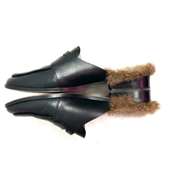 Anthropologie Louis et Cie Black Leather Fur Lined Mules Loafers Size 6.5