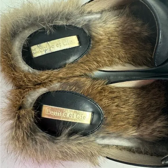 Anthropologie Louis et Cie Black Leather Fur Lined Mules Loafers Size 6.5