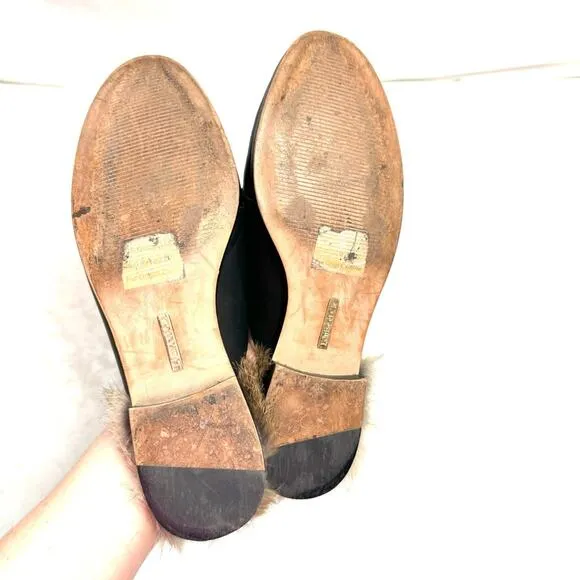Anthropologie Louis et Cie Black Leather Fur Lined Mules Loafers Size 6.5