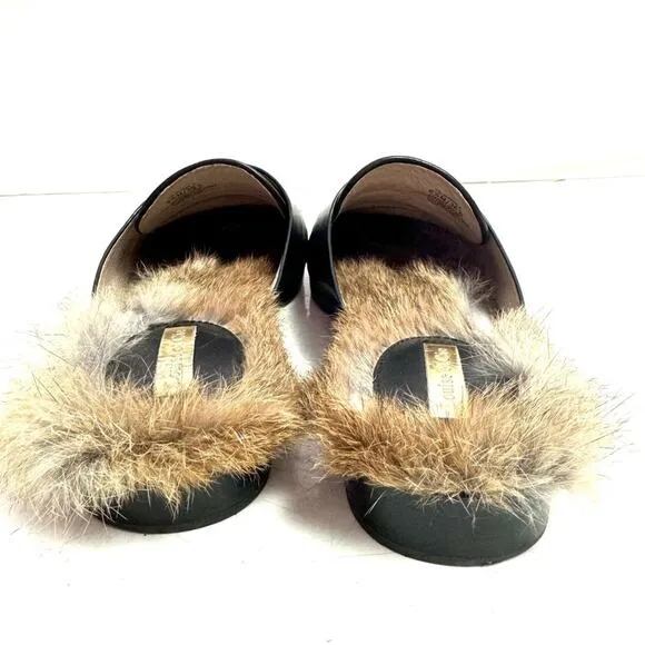 Anthropologie Louis et Cie Black Leather Fur Lined Mules Loafers Size 6.5