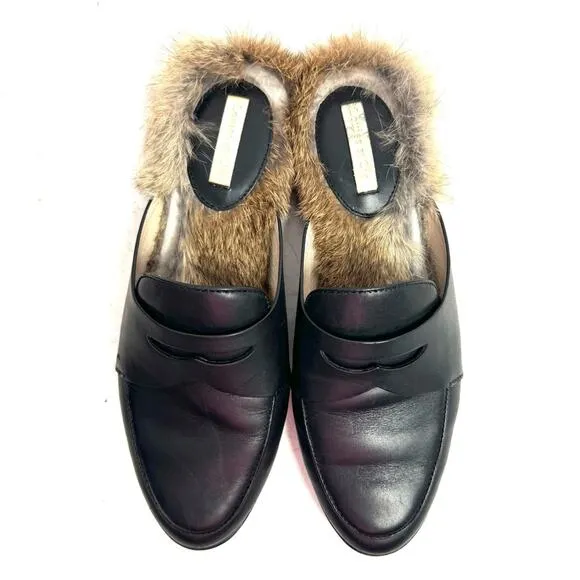 Anthropologie Louis et Cie Black Leather Fur Lined Mules Loafers Size 6.5