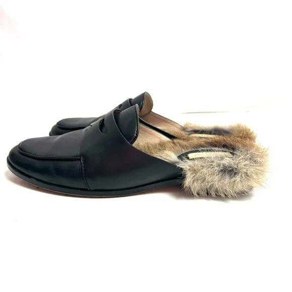 Anthropologie Louis et Cie Black Leather Fur Lined Mules Loafers Size 6.5