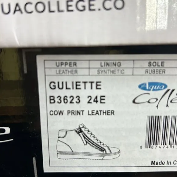 Aqua College Guliette Lace-Up Zip Sneakers- Cow Print Leather- Size 8 - NIB
