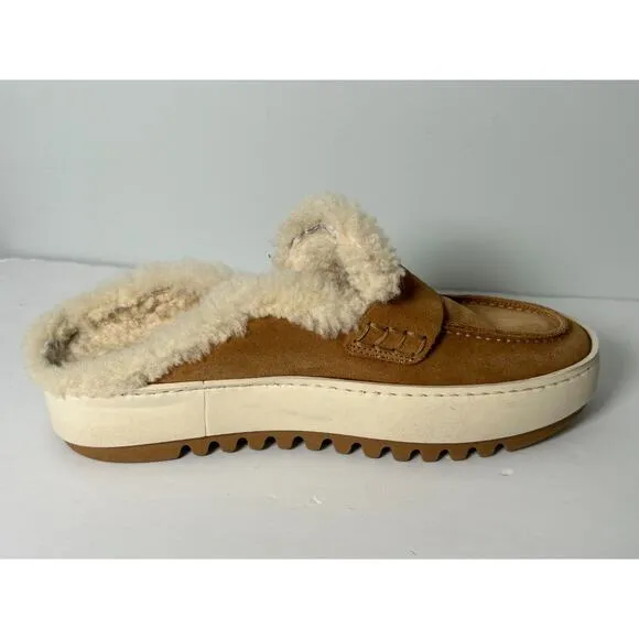Aquatalia Women's Camel Suede Amata Slip On Flats Loafer Shoe Shearling Size 7.5