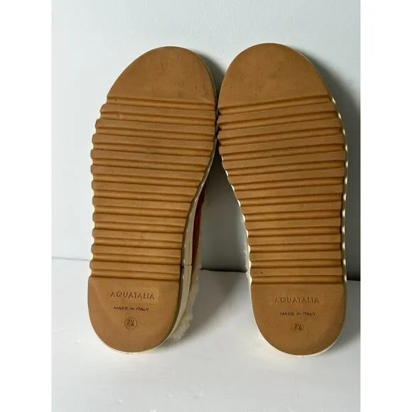 Aquatalia Women's Camel Suede Amata Slip On Flats Loafer Shoe Shearling Size 7.5