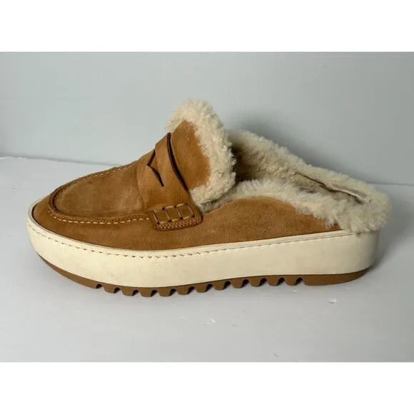 Aquatalia Women's Camel Suede Amata Slip On Flats Loafer Shoe Shearling Size 7.5
