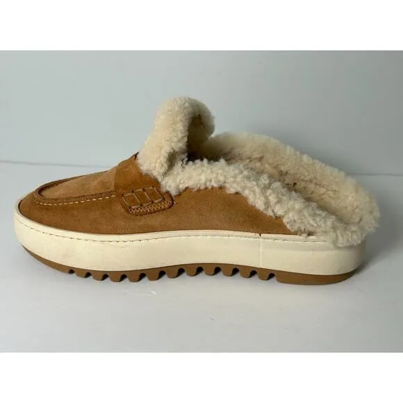 Aquatalia Women's Camel Suede Amata Slip On Flats Loafer Shoe Shearling Size 7.5