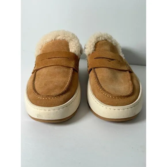 Aquatalia Women's Camel Suede Amata Slip On Flats Loafer Shoe Shearling Size 7.5