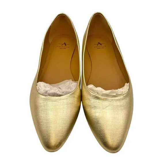 Aquatalia Womens Penina Saffiano Skimmer Flats US 9 Metallic Gold Shoes NWOB