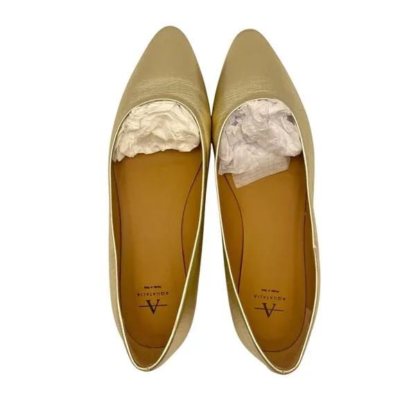 Aquatalia Womens Penina Saffiano Skimmer Flats US 9 Metallic Gold Shoes NWOB