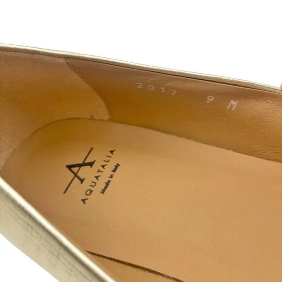 Aquatalia Womens Penina Saffiano Skimmer Flats US 9 Metallic Gold Shoes NWOB