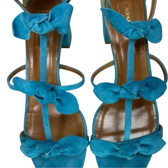 Aquazzura - Suede Sandals, ‘St. Tropez’ Bow, Block Heel - Blue, 39.5 IT, 9.5 US