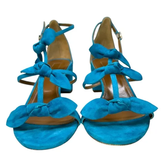 Aquazzura - Suede Sandals, ‘St. Tropez’ Bow, Block Heel - Blue, 39.5 IT, 9.5 US