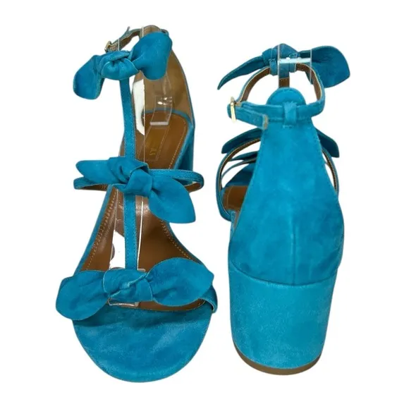 Aquazzura - Suede Sandals, ‘St. Tropez’ Bow, Block Heel - Blue, 39.5 IT, 9.5 US