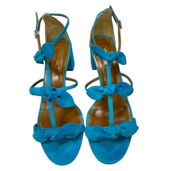 Aquazzura - Suede Sandals, ‘St. Tropez’ Bow, Block Heel - Blue, 39.5 IT, 9.5 US