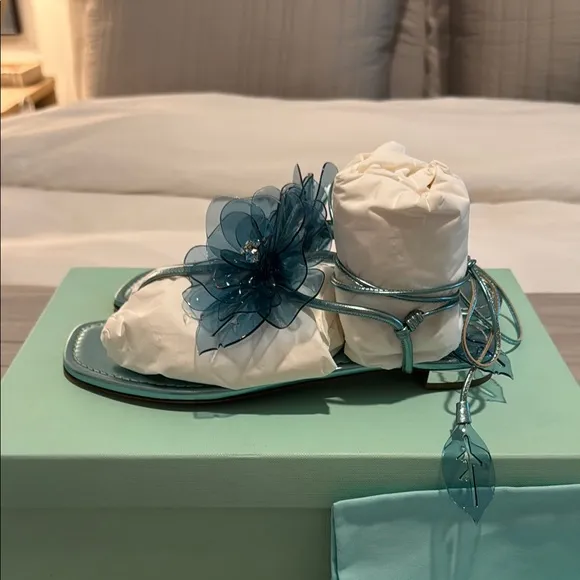 Aquazzura Teal Sandals with Floral Accent