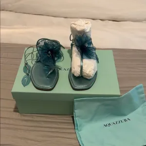 Aquazzura Teal Sandals with Floral Accent