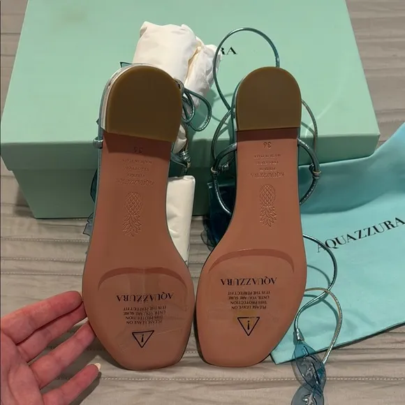Aquazzura Teal Sandals with Floral Accent