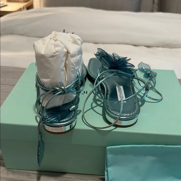 Aquazzura Teal Sandals with Floral Accent