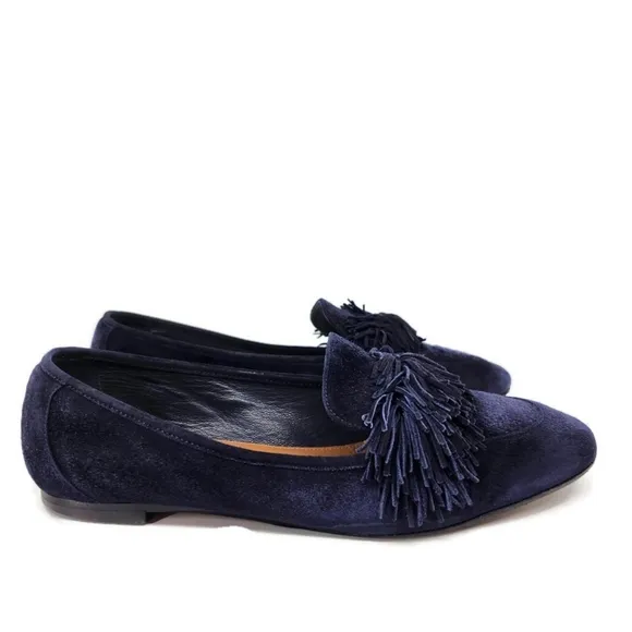 Aquazzura Wild Navy Blue Italian Suede Fringe Top Accent Almond-Toe Ballet Flats