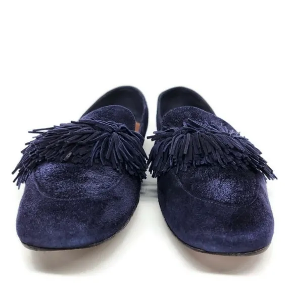 Aquazzura Wild Navy Blue Italian Suede Fringe Top Accent Almond-Toe Ballet Flats
