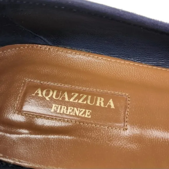 Aquazzura Wild Navy Blue Italian Suede Fringe Top Accent Almond-Toe Ballet Flats