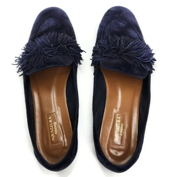Aquazzura Wild Navy Blue Italian Suede Fringe Top Accent Almond-Toe Ballet Flats