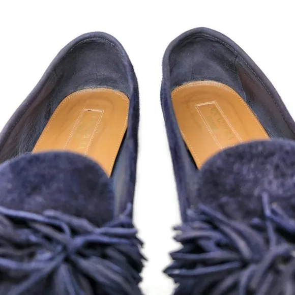 Aquazzura Wild Navy Blue Italian Suede Fringe Top Accent Almond-Toe Ballet Flats