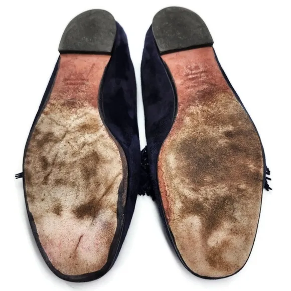 Aquazzura Wild Navy Blue Italian Suede Fringe Top Accent Almond-Toe Ballet Flats