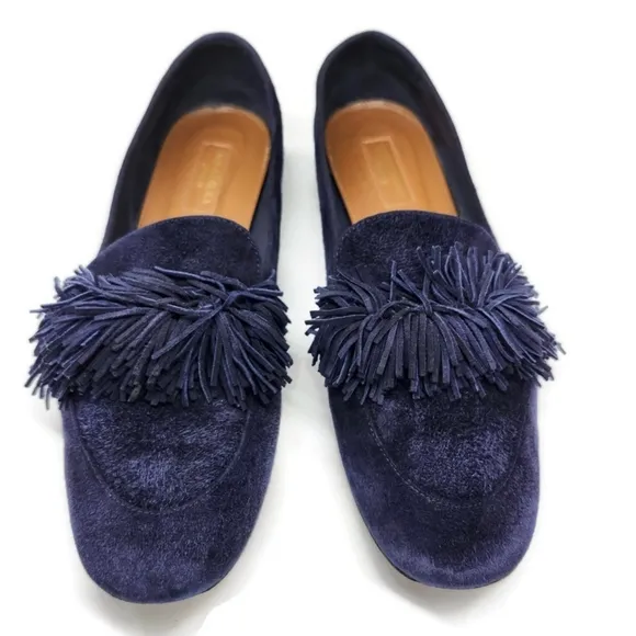 Aquazzura Wild Navy Blue Italian Suede Fringe Top Accent Almond-Toe Ballet Flats