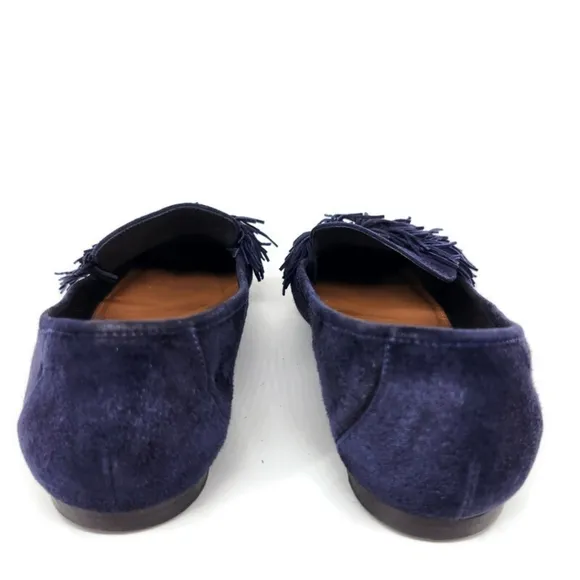 Aquazzura Wild Navy Blue Italian Suede Fringe Top Accent Almond-Toe Ballet Flats