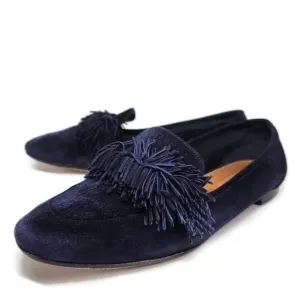 Aquazzura Wild Navy Blue Italian Suede Fringe Top Accent Almond-Toe Ballet Flats