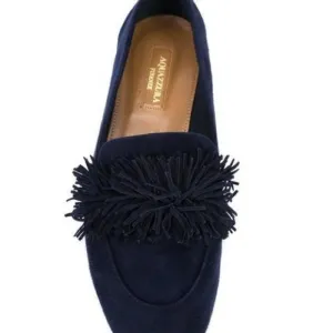 AQUAZZURA Wild Thing fringed navy suede loafers size EU 37.5 US 7.5